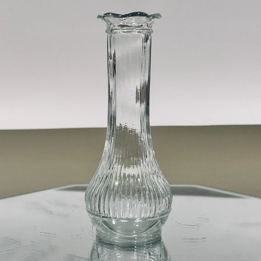Vintage Randall Clear Ribbed Glass‎ 6 Inch Flower Bud Vase W Scalloped Petal Rim